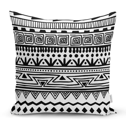Siyah Beyaz Dekoratif African Motifli Modern Yastık Kırlent Kılıfı